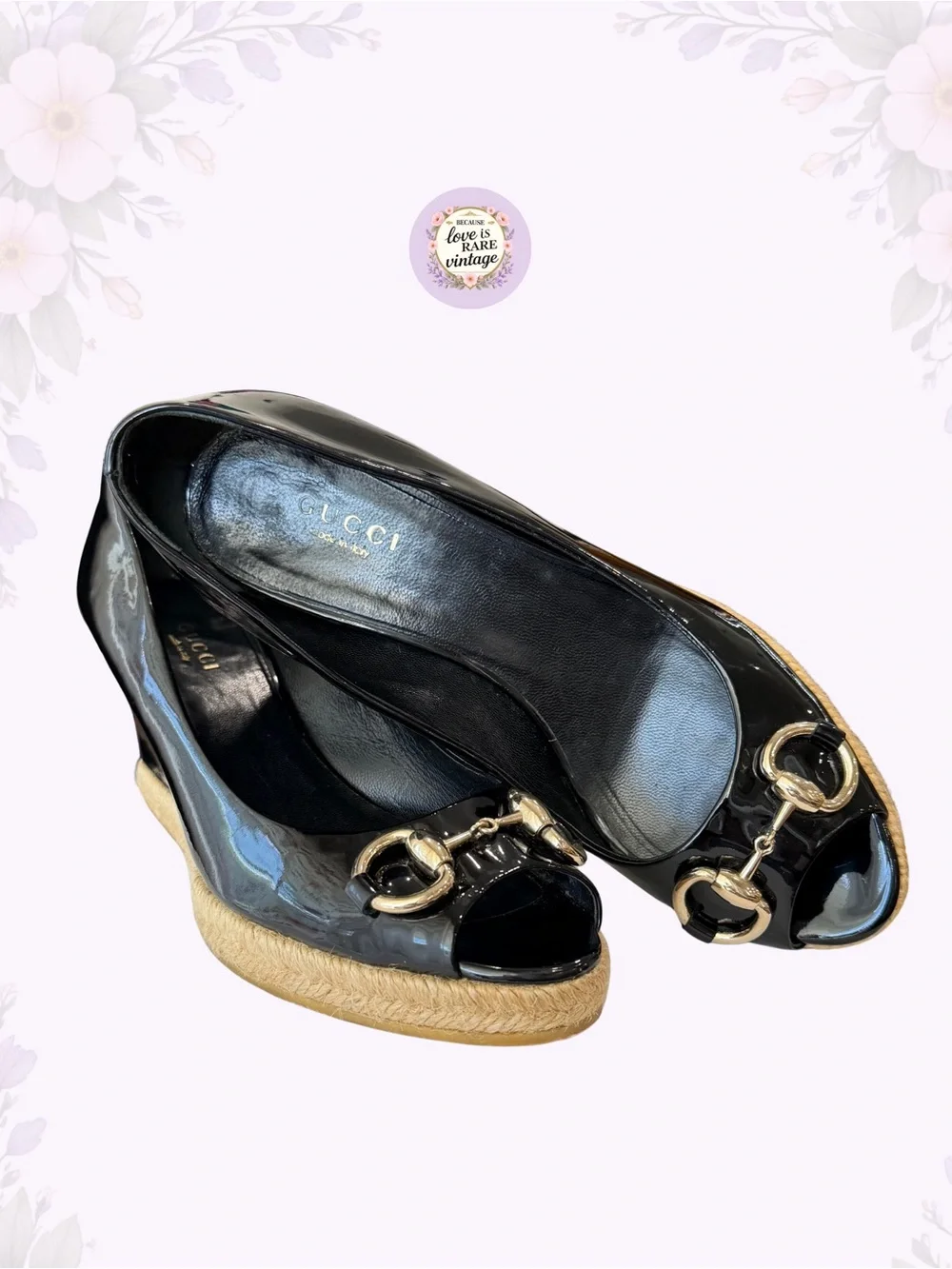 Vintage Gucci Horsebit Espadrille Wedges • Y2K Black Patent Leather Platforms